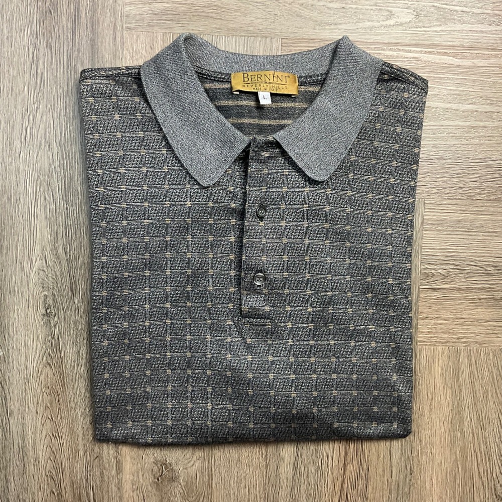Vintage Bernini Beverly Hills Geometric Italy Cotton Polo Shirt Mens Large Grey